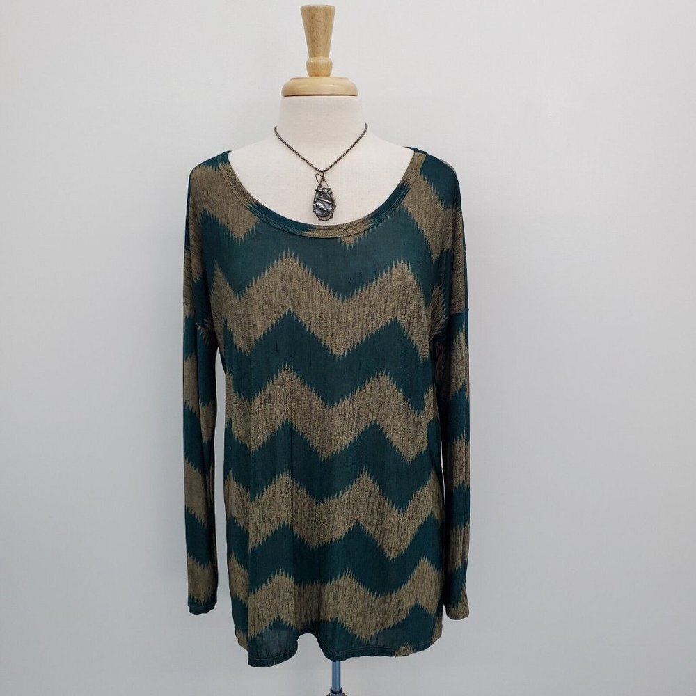 Womens Long‎ Sleeve Chevron Tunic Top Blouse Size L Green Beige High Low Sheer